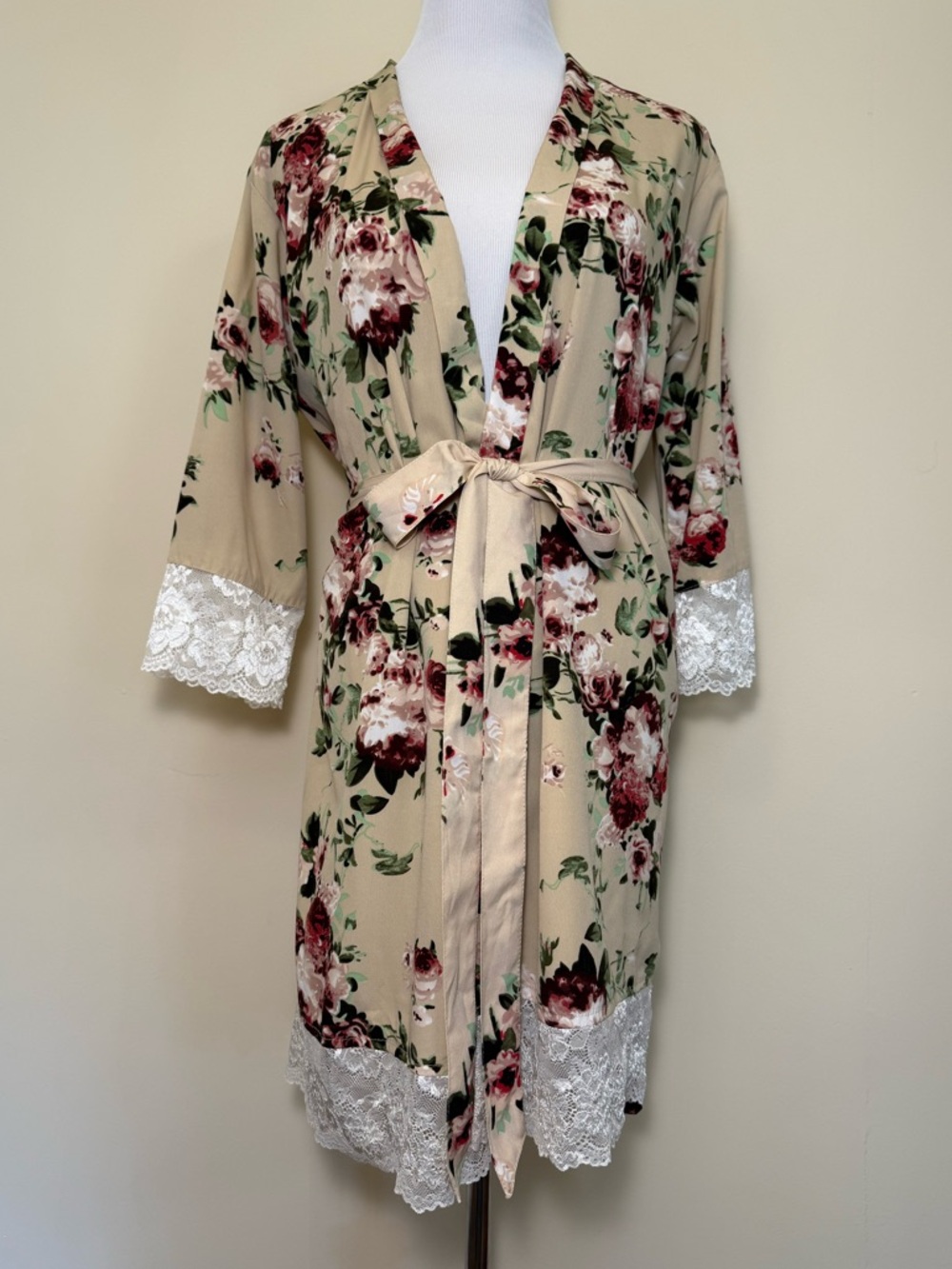 Floral Lace Robe Bridesmaid Getting Ready Boho Kimono Wrap Beige Roses POCKET - Picture 5 of 14
